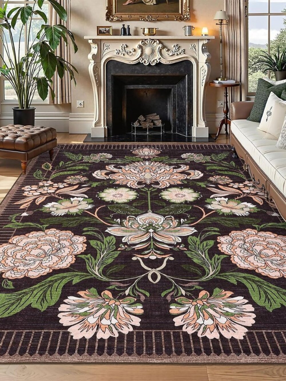 Plum Pink Floral Botanical Washable 8x10 Area Rug for Living Room Soft Black